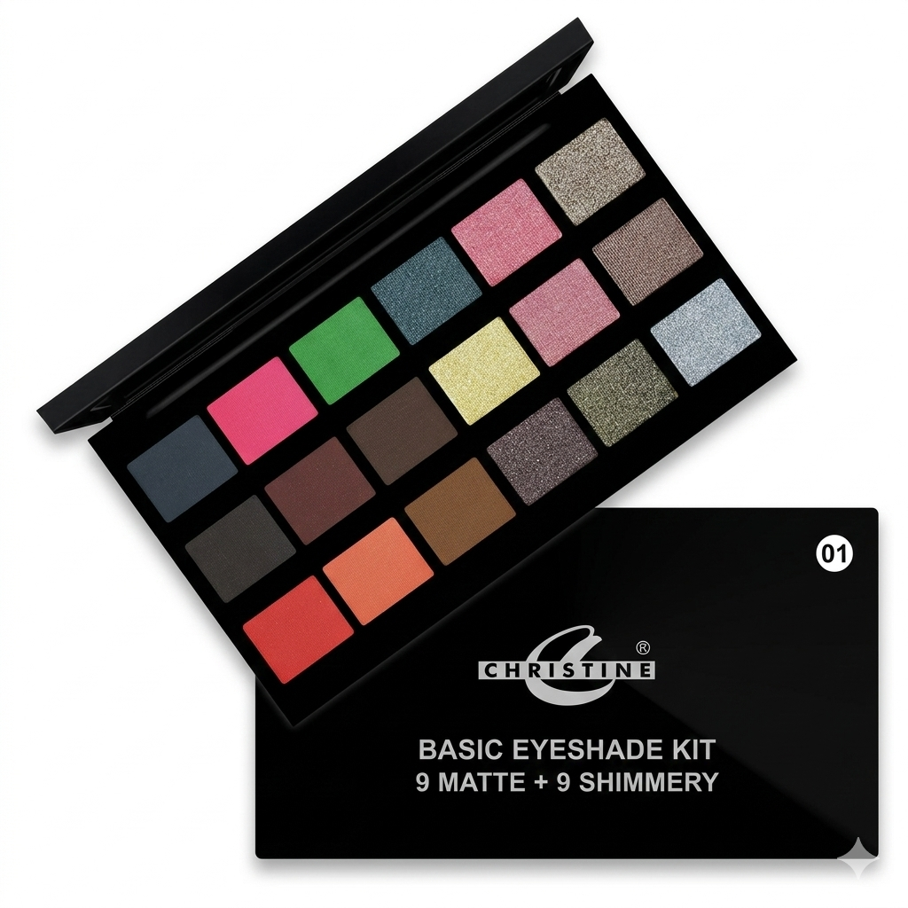 Christine Shimmery Eyeshade 18 Color Kit – Shade 01 & Shade 02 | Highly Pigmented Glitter & Matte Eyeshadow Palette